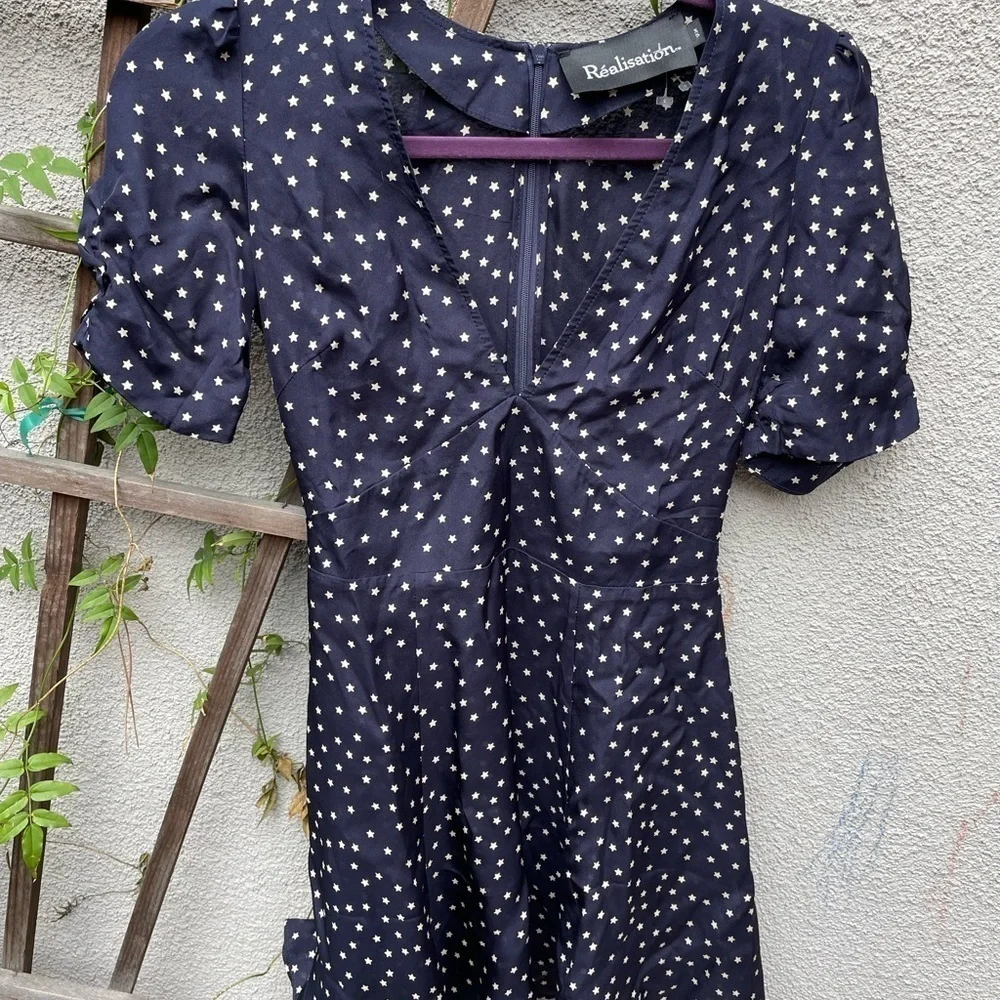 Realisation Par Ozzie Navy White Stars 100% Silk Dress
